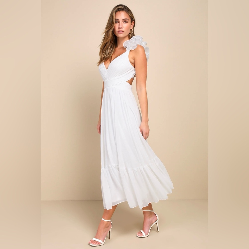Lulus Contemporary Poise White Pleated Ruffled Lace-Up Midi Dress